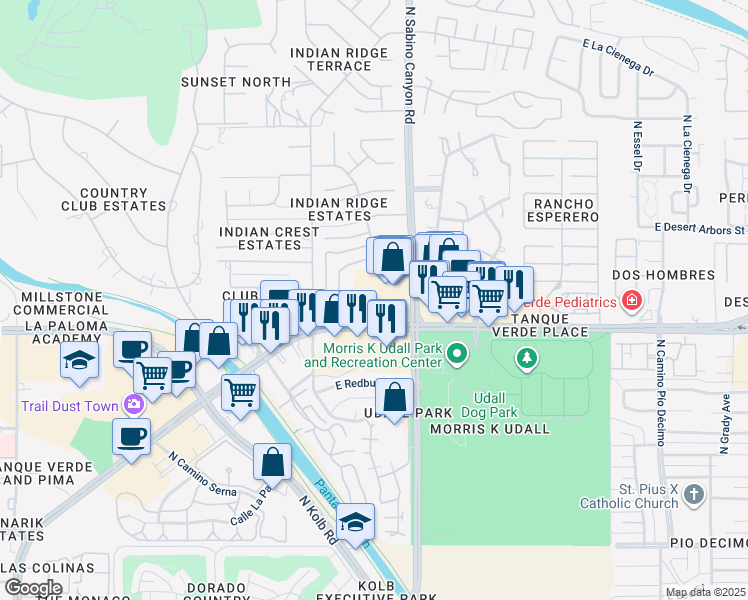 map of restaurants, bars, coffee shops, grocery stores, and more near 7017 East Tanque Verde Road in Tucson