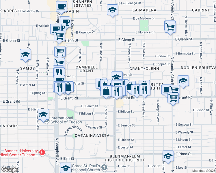 map of restaurants, bars, coffee shops, grocery stores, and more near 2350 East Water Street in Tucson