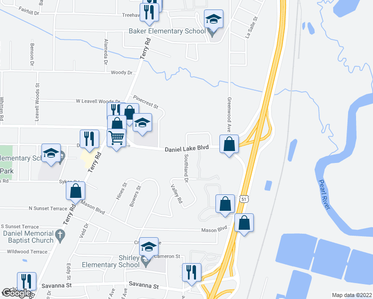 map of restaurants, bars, coffee shops, grocery stores, and more near 301 Daniel Lake Boulevard in Jackson