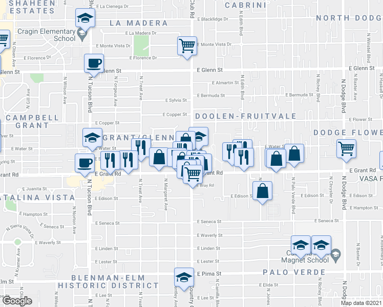 map of restaurants, bars, coffee shops, grocery stores, and more near N Country Club Rd & E Loretta Dr in Tucson