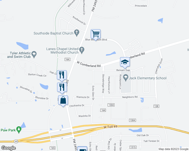 map of restaurants, bars, coffee shops, grocery stores, and more near 15711 Echo Glen Drive in Tyler