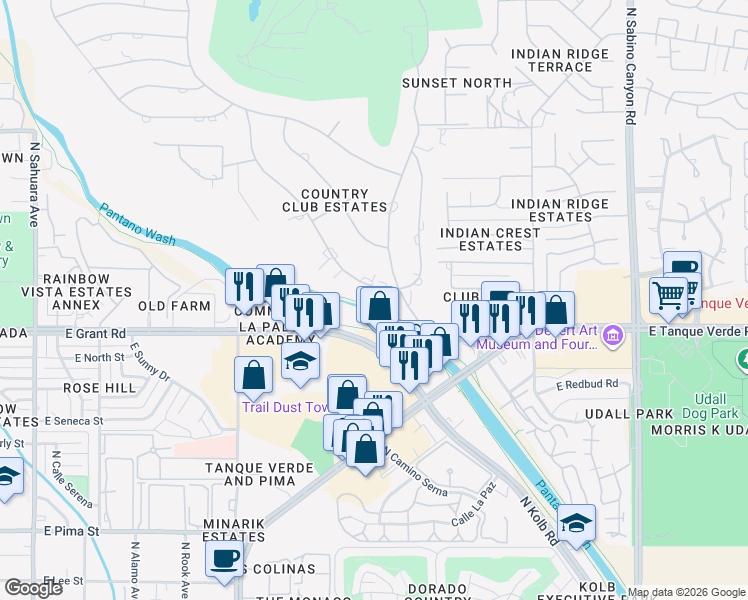map of restaurants, bars, coffee shops, grocery stores, and more near 6602 East Santa Aurelia Street in Tucson