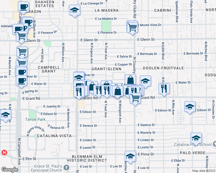 map of restaurants, bars, coffee shops, grocery stores, and more near 2450 North Treat Avenue in Tucson