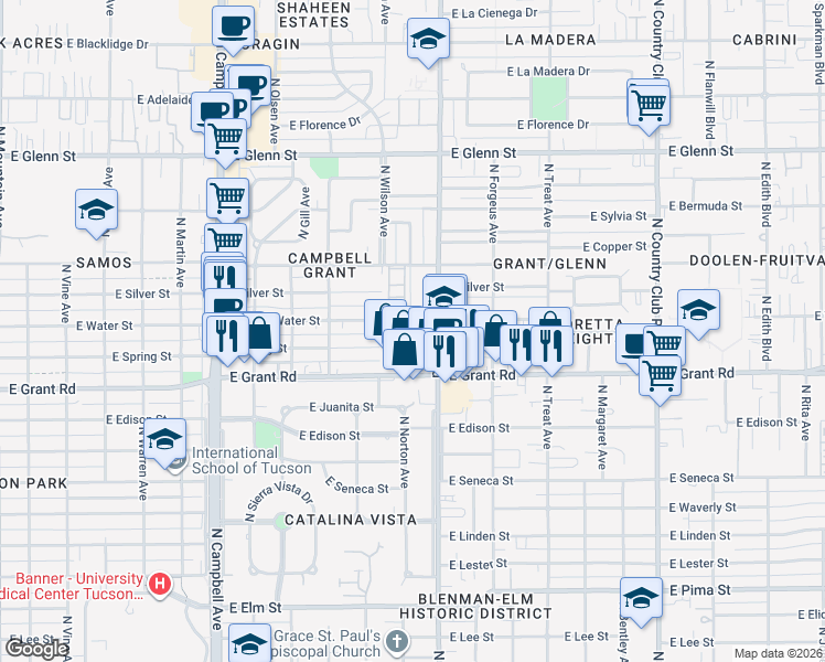 map of restaurants, bars, coffee shops, grocery stores, and more near 2350 East Water Street in Tucson