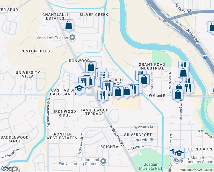 map of restaurants, bars, coffee shops, grocery stores, and more near 2106 West Grant Road in Tucson