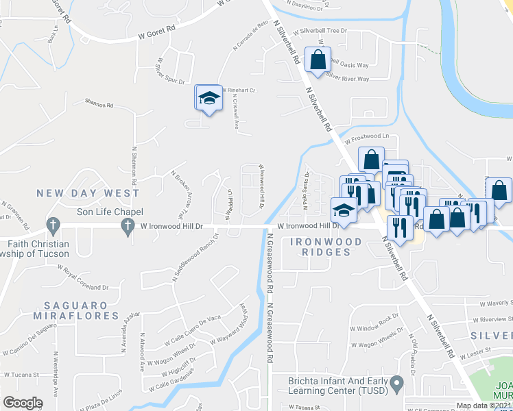 map of restaurants, bars, coffee shops, grocery stores, and more near 2550 West Ironwood Hill Drive in Tucson