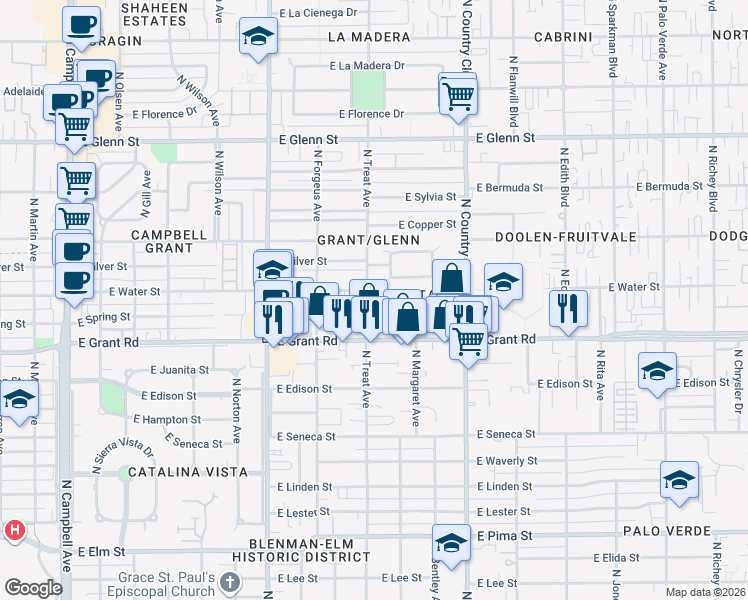 map of restaurants, bars, coffee shops, grocery stores, and more near 2450 North Treat Avenue in Tucson