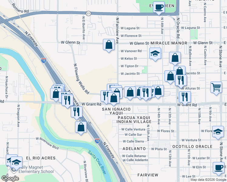 map of restaurants, bars, coffee shops, grocery stores, and more near 2456 North Fairview Avenue in Tucson