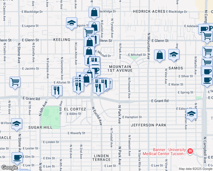 map of restaurants, bars, coffee shops, grocery stores, and more near 818 East Water Street in Tucson