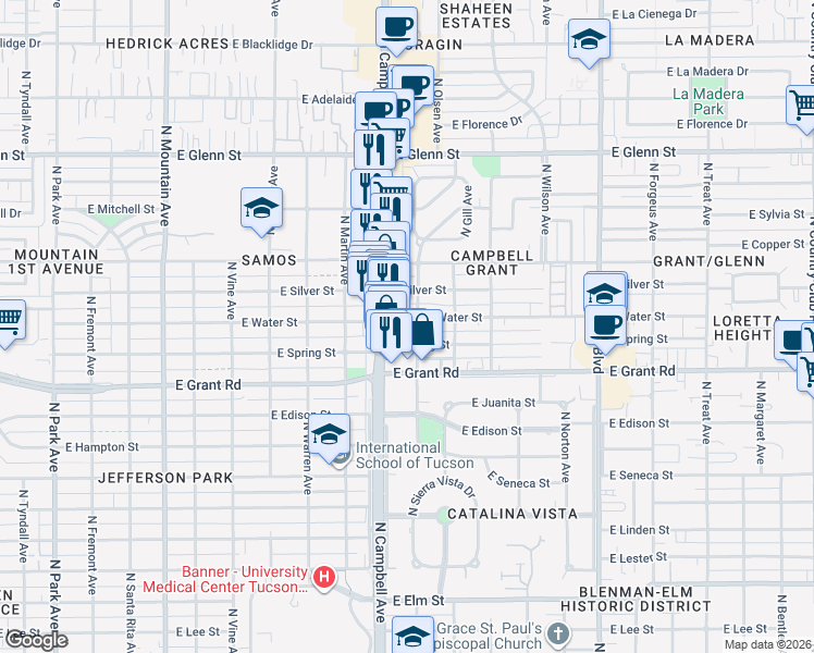 map of restaurants, bars, coffee shops, grocery stores, and more near 1931 East Spring Street in Tucson