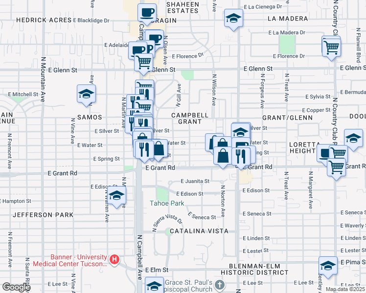 map of restaurants, bars, coffee shops, grocery stores, and more near 2133 East Spring Street in Tucson