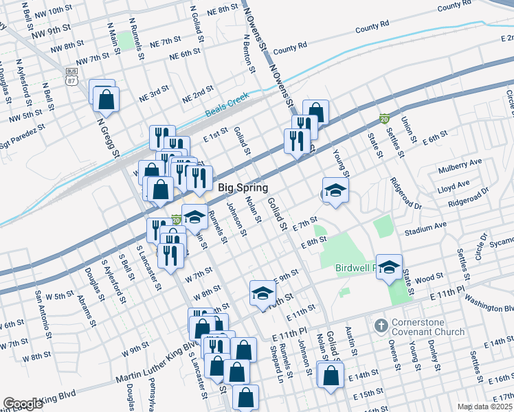 map of restaurants, bars, coffee shops, grocery stores, and more near 501 Nolan Street in Big Spring