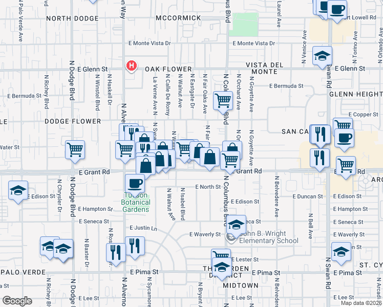 map of restaurants, bars, coffee shops, grocery stores, and more near 4150 East Spring Street in Tucson