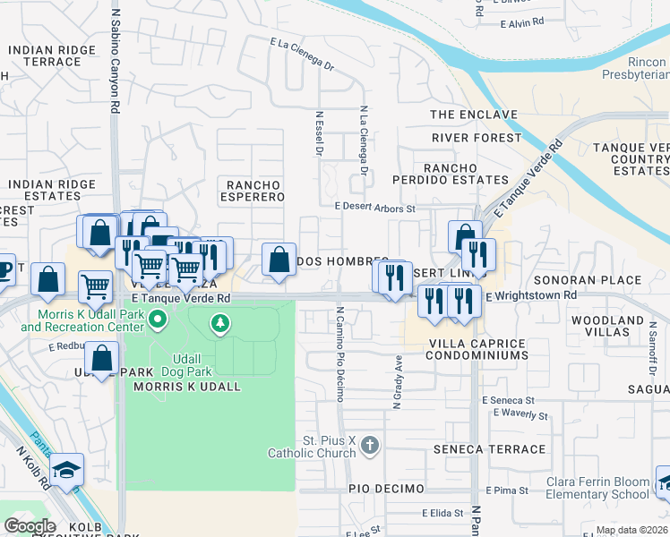 map of restaurants, bars, coffee shops, grocery stores, and more near 7556 East Truces Place in Tucson