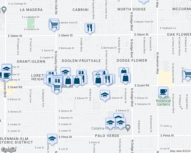 map of restaurants, bars, coffee shops, grocery stores, and more near 2458 North Sparkman Boulevard in Tucson