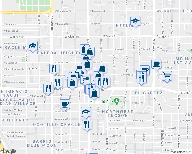 map of restaurants, bars, coffee shops, grocery stores, and more near 102 East Alturas Street in Tucson