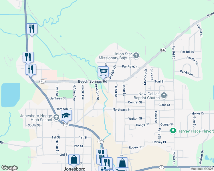 map of restaurants, bars, coffee shops, grocery stores, and more near 501-699 Tolar Street in Jonesboro