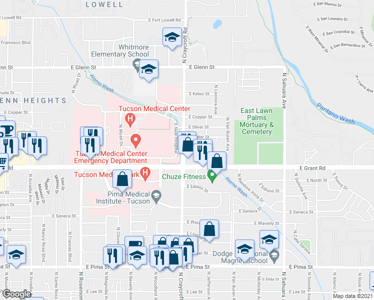 map of restaurants, bars, coffee shops, grocery stores, and more near in Tucson