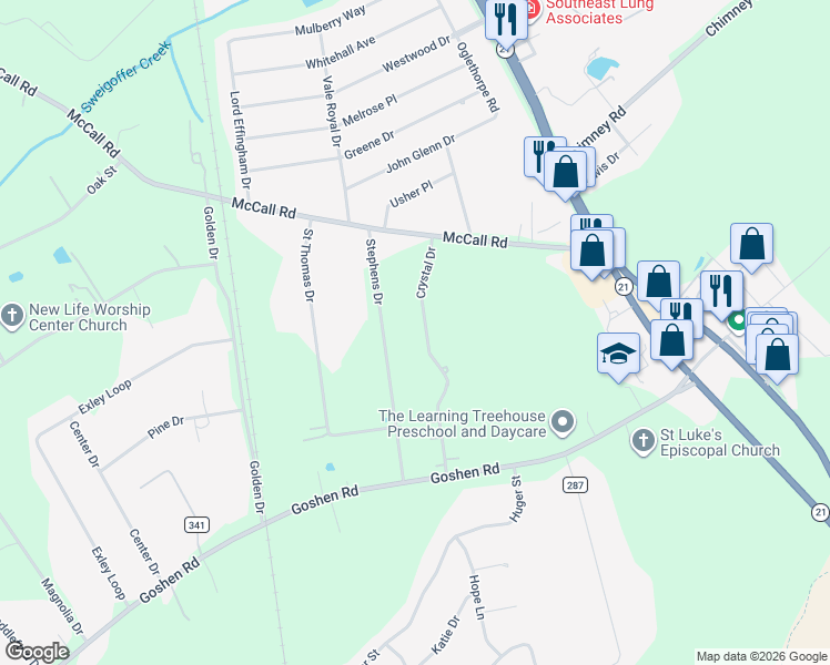 map of restaurants, bars, coffee shops, grocery stores, and more near 125 Crystal Drive in Rincon