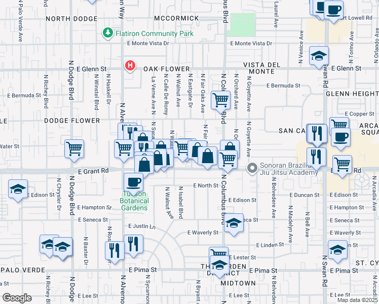 map of restaurants, bars, coffee shops, grocery stores, and more near 4150 East Spring Street in Tucson