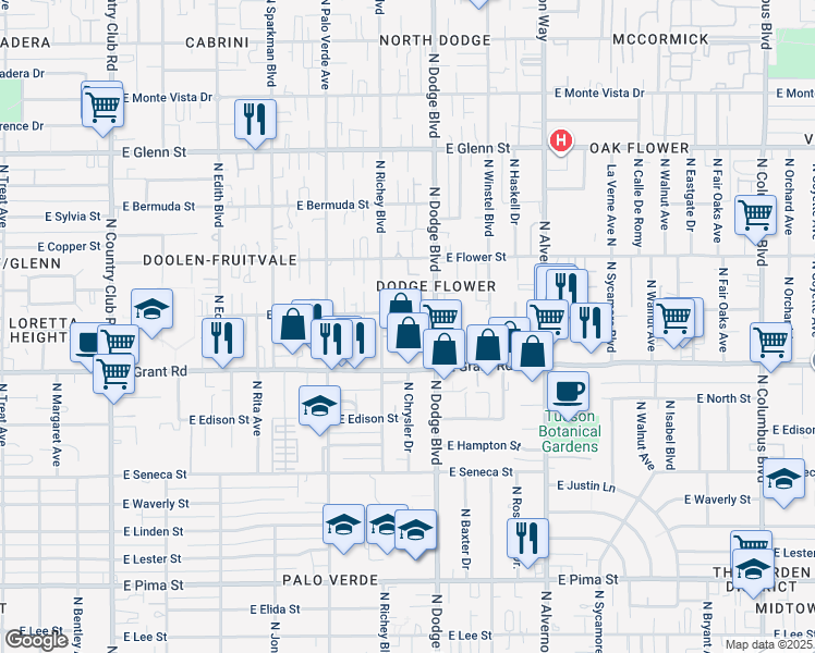 map of restaurants, bars, coffee shops, grocery stores, and more near 3677 East Grant Road in Tucson