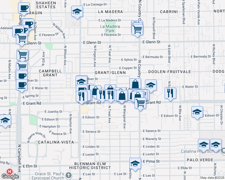 map of restaurants, bars, coffee shops, grocery stores, and more near 2450 North Treat Avenue in Tucson