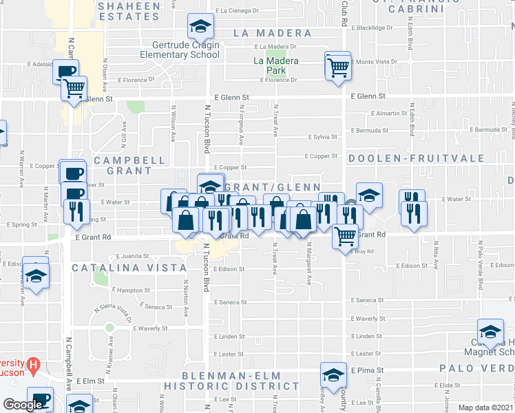 map of restaurants, bars, coffee shops, grocery stores, and more near 2625 East Spring Street in Tucson