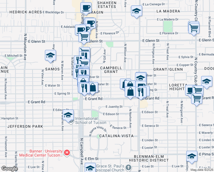 map of restaurants, bars, coffee shops, grocery stores, and more near 2133 East Spring Street in Tucson