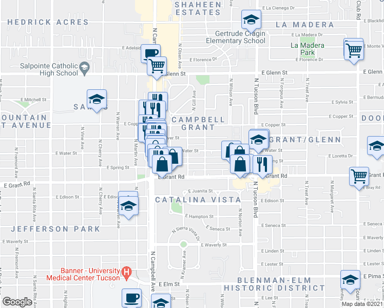 map of restaurants, bars, coffee shops, grocery stores, and more near 2133 East Spring Street in Tucson
