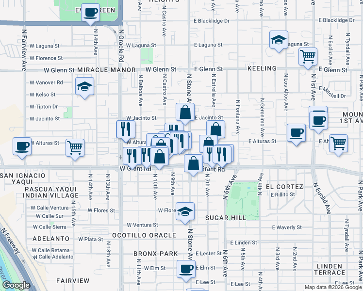 map of restaurants, bars, coffee shops, grocery stores, and more near 119 West Alturas Street in Tucson