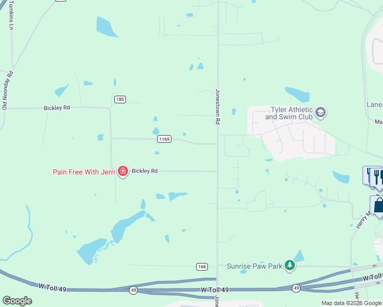 map of restaurants, bars, coffee shops, grocery stores, and more near 11855 County Road 1169 in Tyler