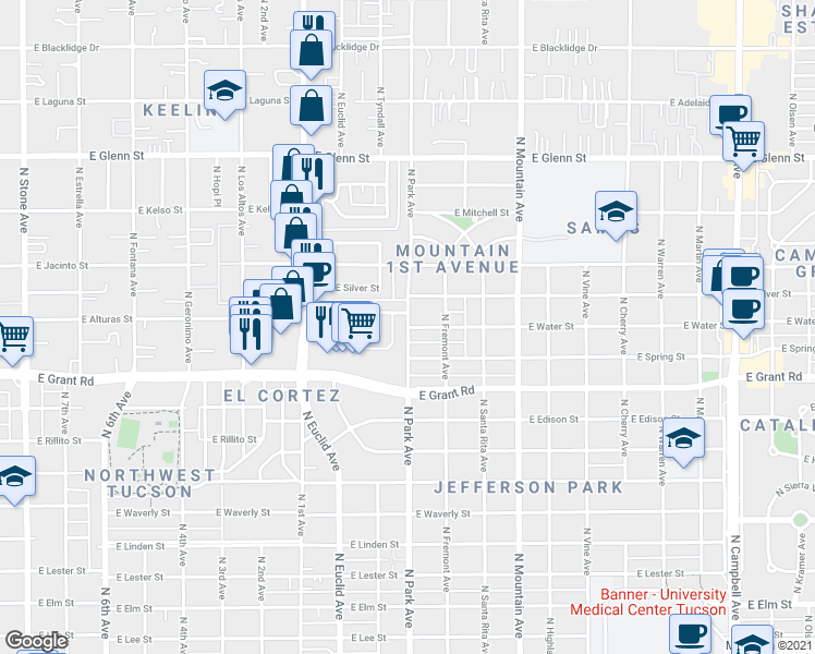 map of restaurants, bars, coffee shops, grocery stores, and more near N Park Ave & E Water St in Tucson