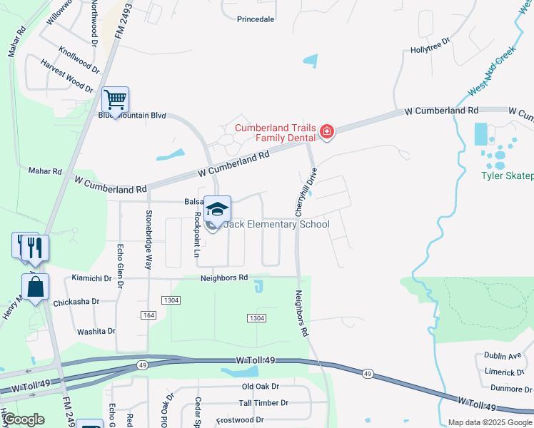 map of restaurants, bars, coffee shops, grocery stores, and more near 1741 Elk River Road in Tyler