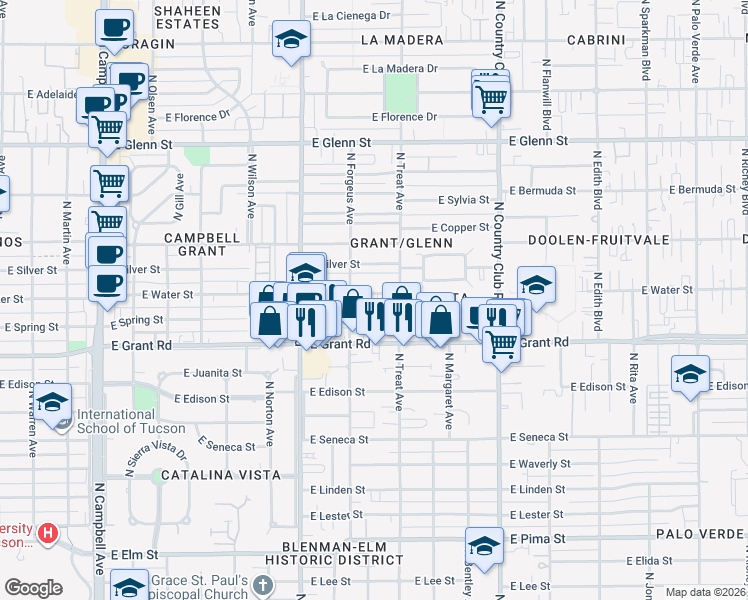 map of restaurants, bars, coffee shops, grocery stores, and more near 2702 East Water Street in Tucson
