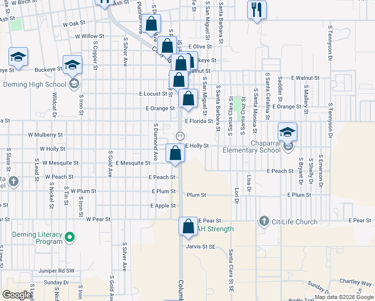 map of restaurants, bars, coffee shops, grocery stores, and more near 1701 Columbus Road in Deming