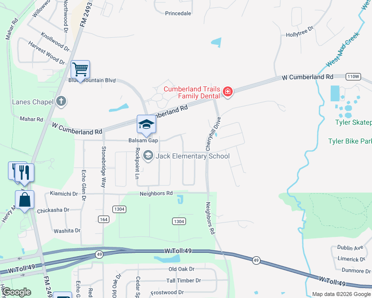 map of restaurants, bars, coffee shops, grocery stores, and more near 7336 Flat Rock Lane in Tyler