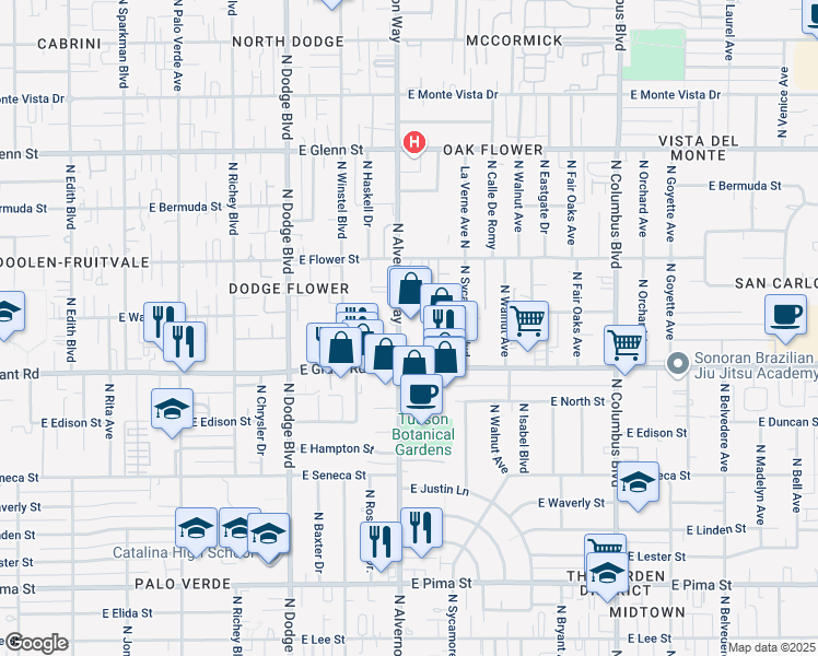 map of restaurants, bars, coffee shops, grocery stores, and more near 2443 North Alvernon Way in Tucson