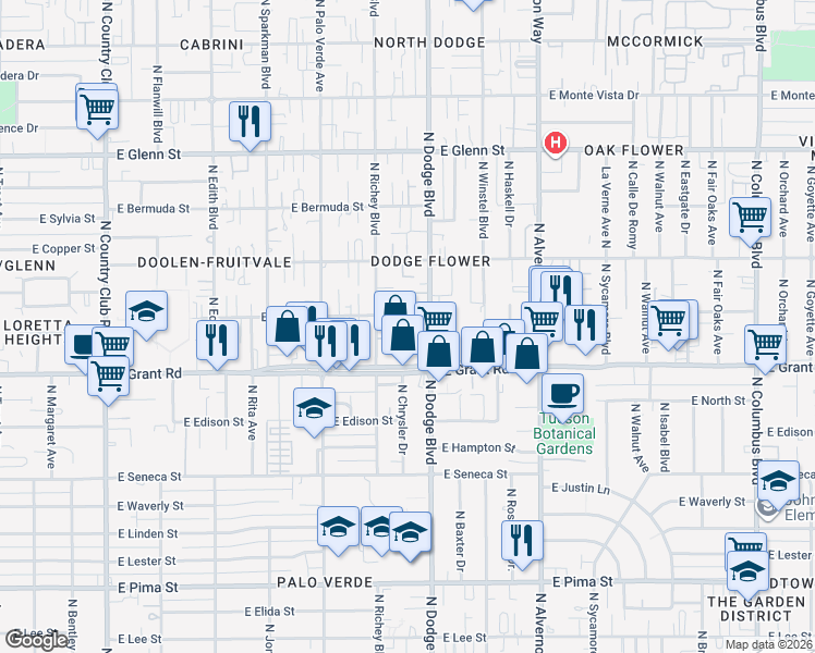 map of restaurants, bars, coffee shops, grocery stores, and more near 3677 East Grant Road in Tucson