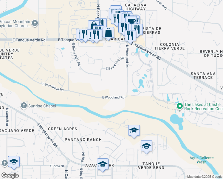 map of restaurants, bars, coffee shops, grocery stores, and more near 8959 East Woodland Road in Tucson