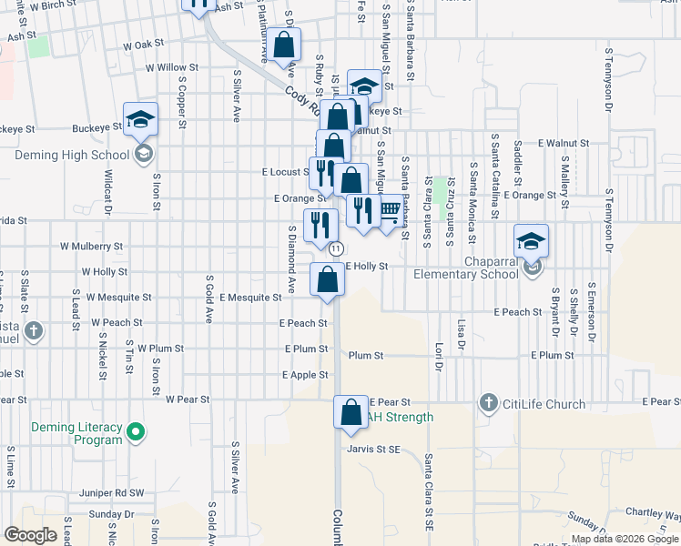 map of restaurants, bars, coffee shops, grocery stores, and more near 1701 Columbus Road in Deming