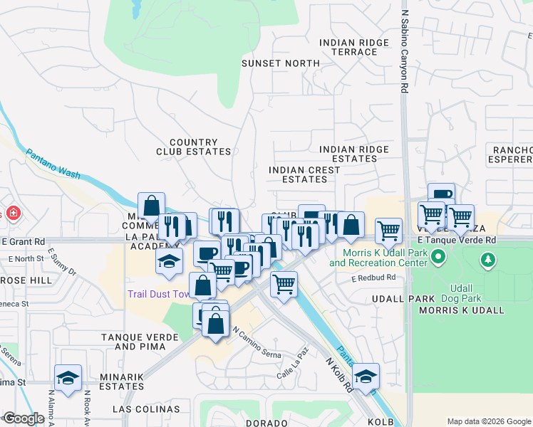map of restaurants, bars, coffee shops, grocery stores, and more near 2435 North Bahana Drive in Tucson