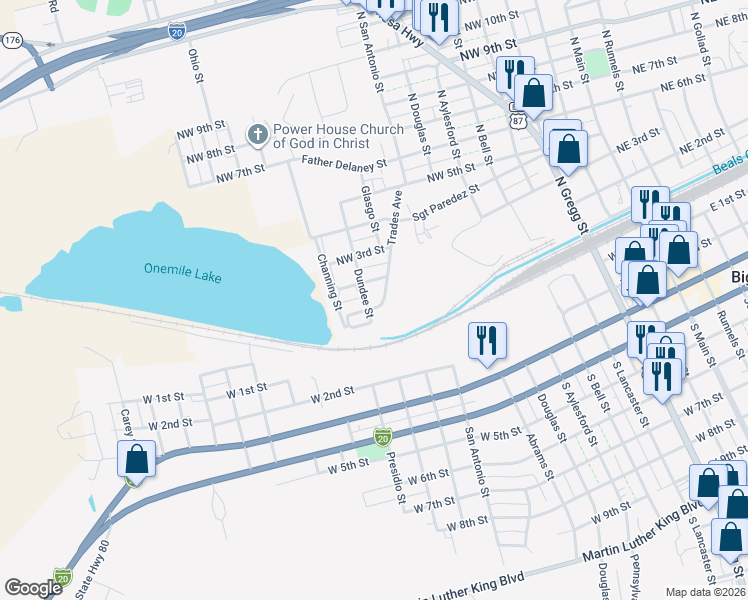 map of restaurants, bars, coffee shops, grocery stores, and more near Dundee Street in Big Spring