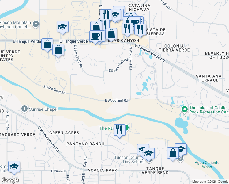 map of restaurants, bars, coffee shops, grocery stores, and more near 8959 East Woodland Road in Tucson