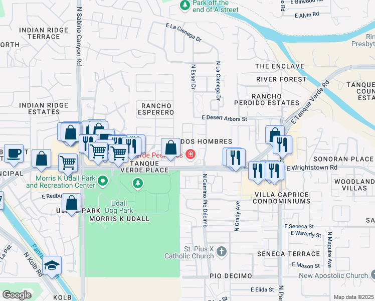 map of restaurants, bars, coffee shops, grocery stores, and more near 7512 East Shore Drive in Tucson