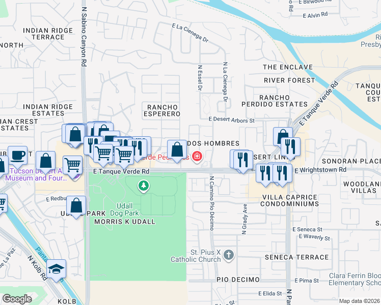map of restaurants, bars, coffee shops, grocery stores, and more near 7512 East Shore Drive in Tucson