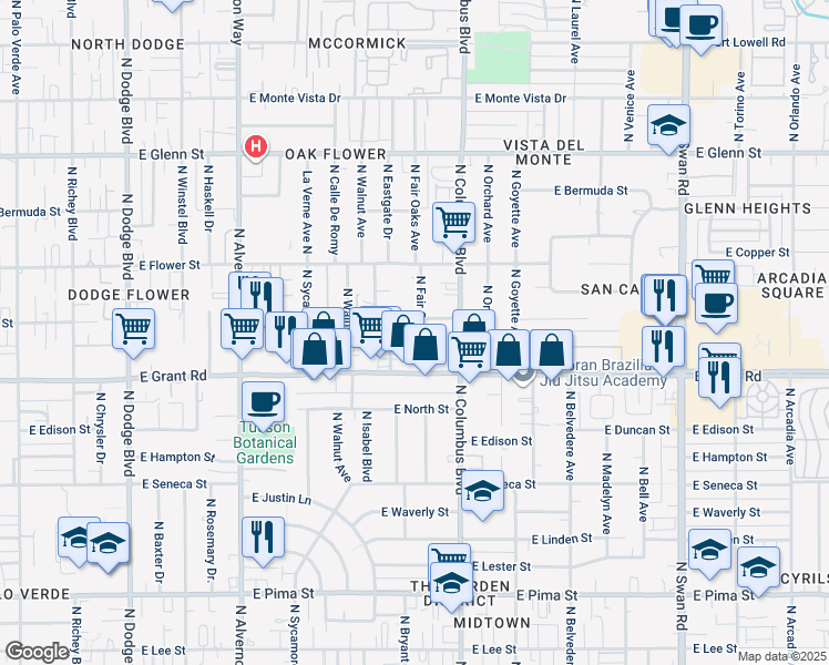 map of restaurants, bars, coffee shops, grocery stores, and more near 2426 North Fair Oaks Avenue in Tucson