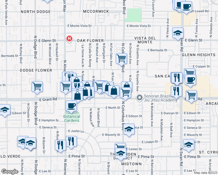 map of restaurants, bars, coffee shops, grocery stores, and more near 4150 East Spring Street in Tucson