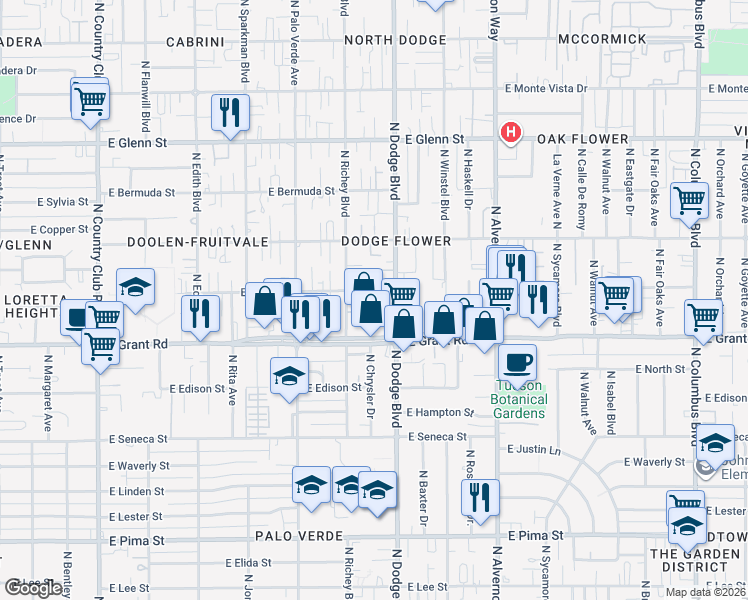 map of restaurants, bars, coffee shops, grocery stores, and more near 3677 East Grant Road in Tucson