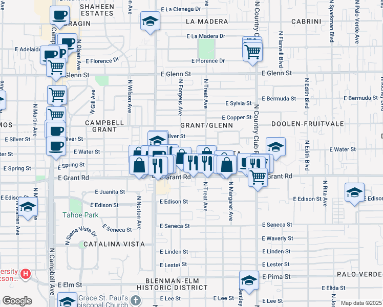 map of restaurants, bars, coffee shops, grocery stores, and more near 2625 East Spring Street in Tucson