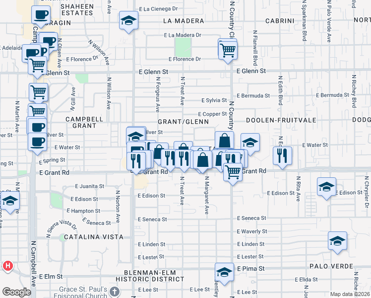 map of restaurants, bars, coffee shops, grocery stores, and more near 2450 North Treat Avenue in Tucson